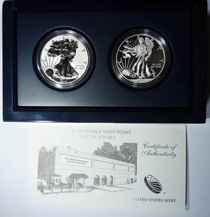 2013-W WEST POINT SILVER EAGLE SET: WEST POINT 2-COIN SILVER SET, REVERSE PROOF & ENHANCED UNCIRCULATED AMERICAN SILVER EAGLES IN OGP W/ COA.