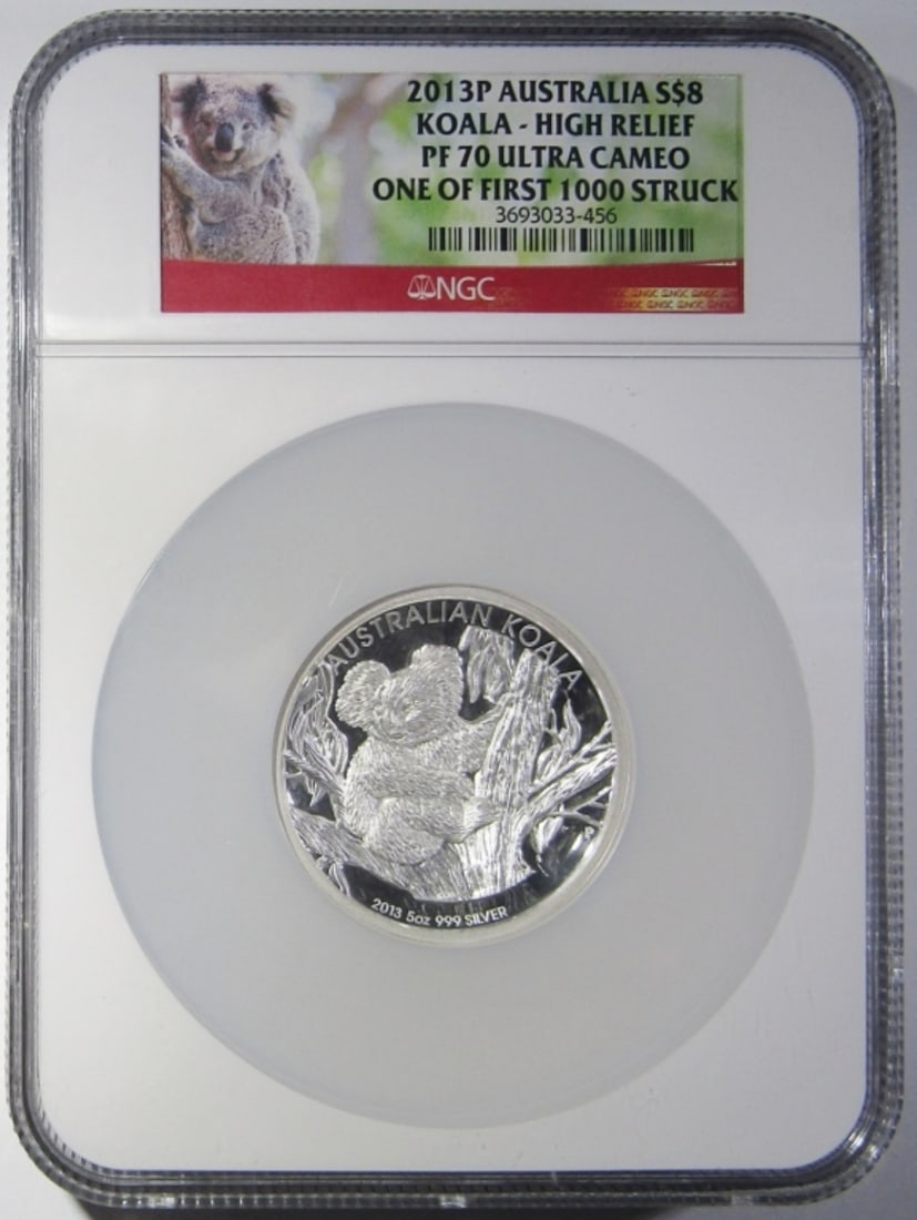 2013-P 5oz SILVER KOALA NGC PF-70 UC: AUSTRALIA $8 HIGH RELIEF 5oz .999 SILVER, ONE OF FIRST 1000 STRUCK.