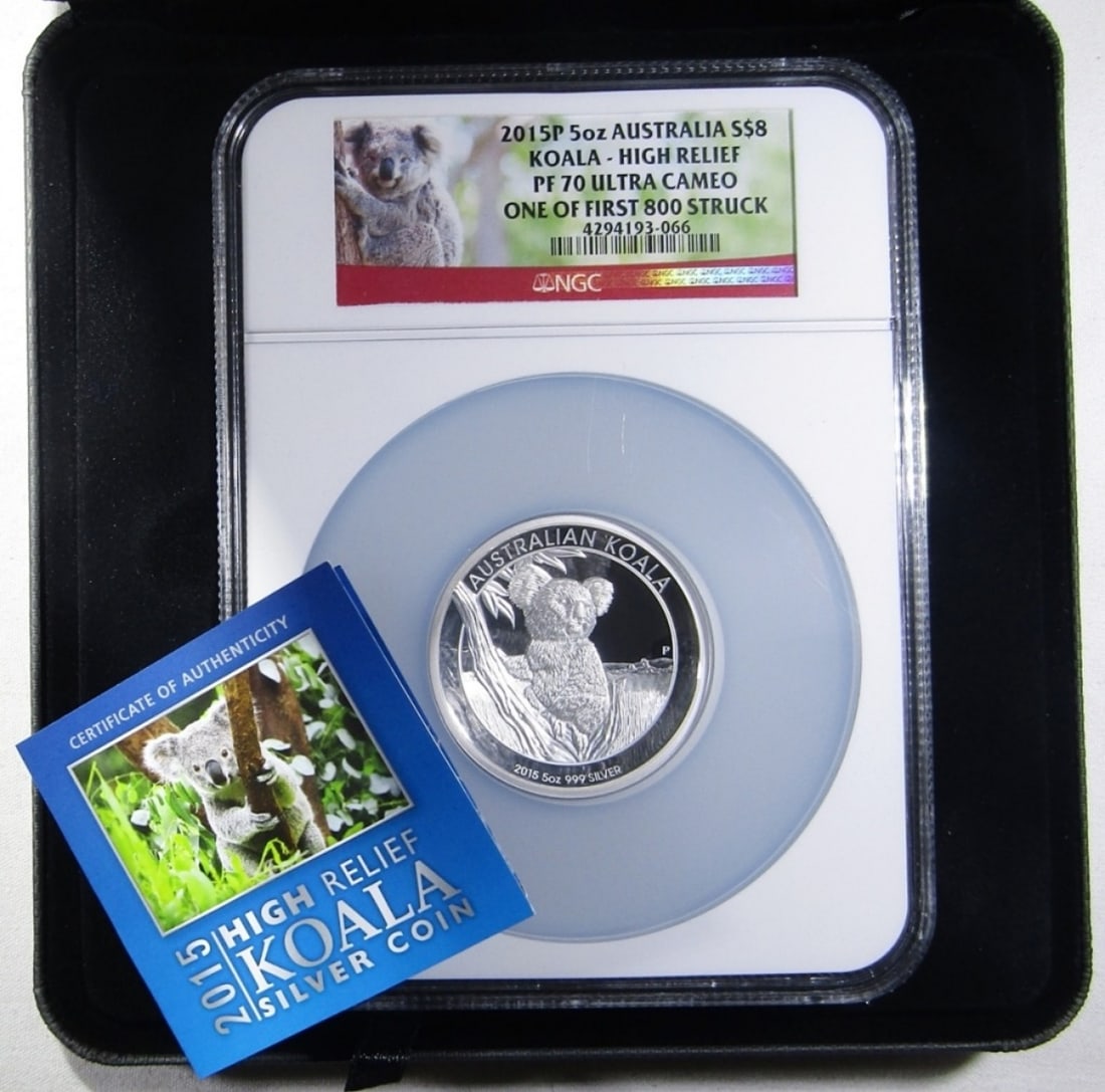 2015-P 5oz SILVER KOALA NGC PF-70 UC: AUSTRALIA $8 HIGH RELIEF 5oz .999 SILVER, ONE OF FIRST 800 STRUCK. IN DISPLAY CASE WITH COA.