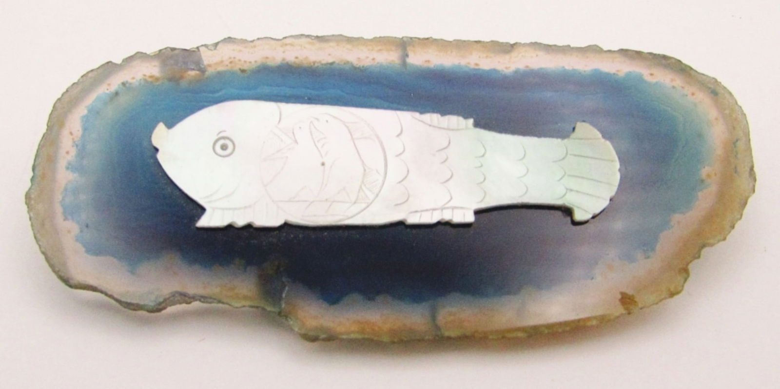 Hand Made Blue Agate Slice Antique Fish Brooch (1 of 3)