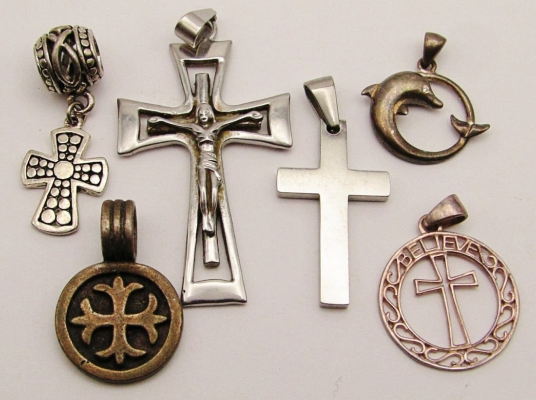 (6) Vintage Necklace Pendants; (4) Crosses,: Dolphin With Rhinestone Eye, Scottish St. Magnus Cross;