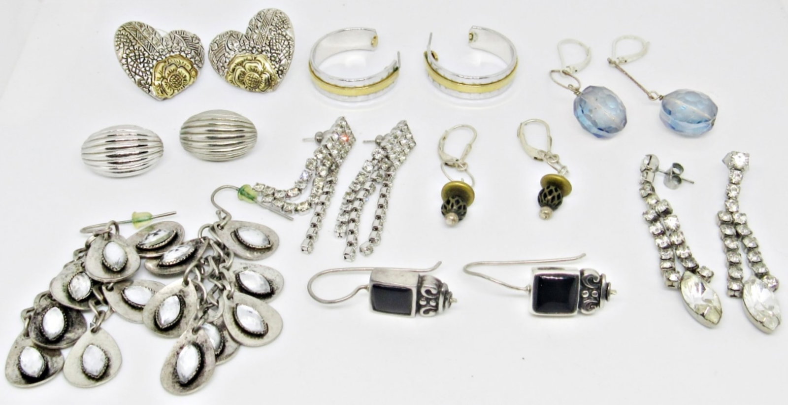 (9) FASHION SILVER TONE PIERCED EARRINGS: 6- DANGLES, 2- STUDS, 1 HOOPS
