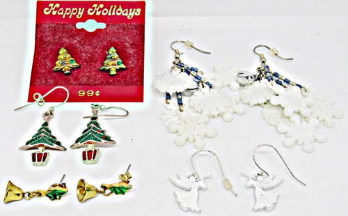 (5) CHRISTMAS THEME PIERCED EARRINGS LOT: 1 STUD AND DANGLE CHRISTMAS TREE SET, 1 SNOWFLAKE W/BELLS DANGLES, 1 ANGEL SET, 1 CHRISTMAS BELLS STUD