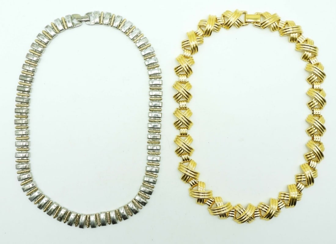 (2) NAPIER CHOKER: BOTH 18IN LONG,1-TWO-TONE 1- ALL GOLD TONE WITH AN "X" DESIGN ALONG IT, BOTH HAVE OPEN BOX CLASP AND HAS THE MAKER STAMPED