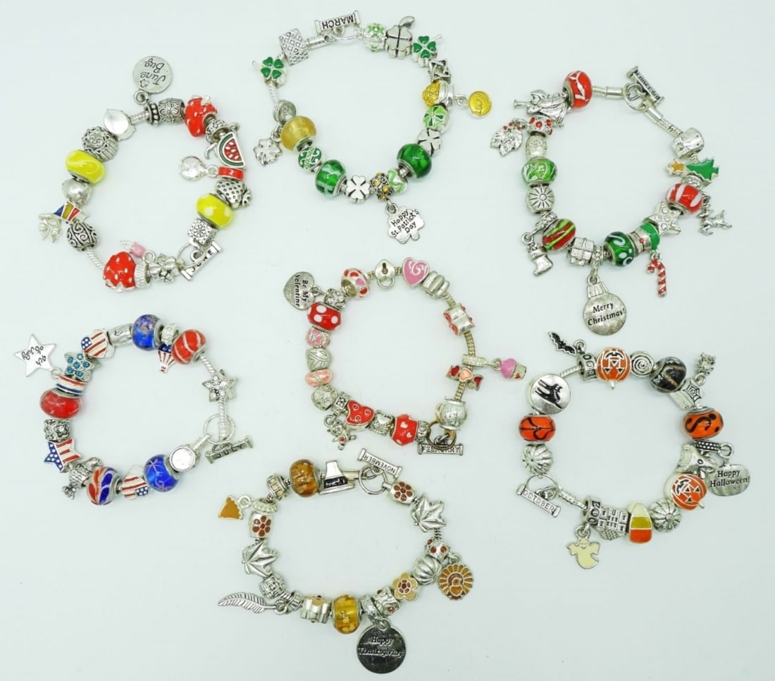 (6) HOILDAY CHARM BRACELETS: ALL ARE 8IN LONG, EACH CHARM BRACELET IS A DIFFERENT MONTH, HAVE TOGGLE CLASP WITH THE MONTH ON THEM, YOU WILL BE GETTING DEC- CHRISTMAS CHARMS, FEB- VANENTINES CHARMS,MARCH, ST PATRICKS DAY,JUNE- SUM