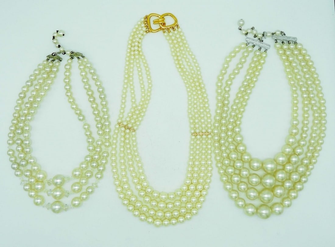 (3) FAUX WHITE PEARL CHOKERS: ALL 18IN LONG AND BIB STYLE, 1-GOLDTONE FAUX PEARLS, PEARLS ARE LAYERED, 2- SILVERTONE FAUX PEARLS, LAYERED STYLE
