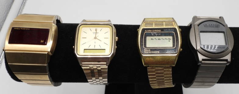 (4) LCD MENS VINTAGE WRIST WATCHES: TEXAS INSTRUMENTS, CASIO, LA CROSSE TECHNOLOGY, HAMILTON with PRESENTATION on BACK DOW CHEMICAL 1977 - ALL UNTESTED