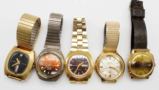 (5) VINTAGE MENS WRIST WATCHES - JUBILEE: TIMEX DYNABEAT, SEIKO ELECTRA, BULOVA ACCUTRON, BULOVA AUTOMATIC - UNTESTED