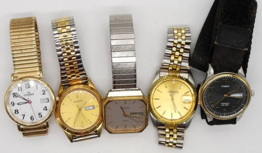 (5) MENS DRESS WRIST WATCHES - BULOVA,: TIMEX INDIGLO, PULSAR, GENEVA & CERTIFIED - UNTESTED