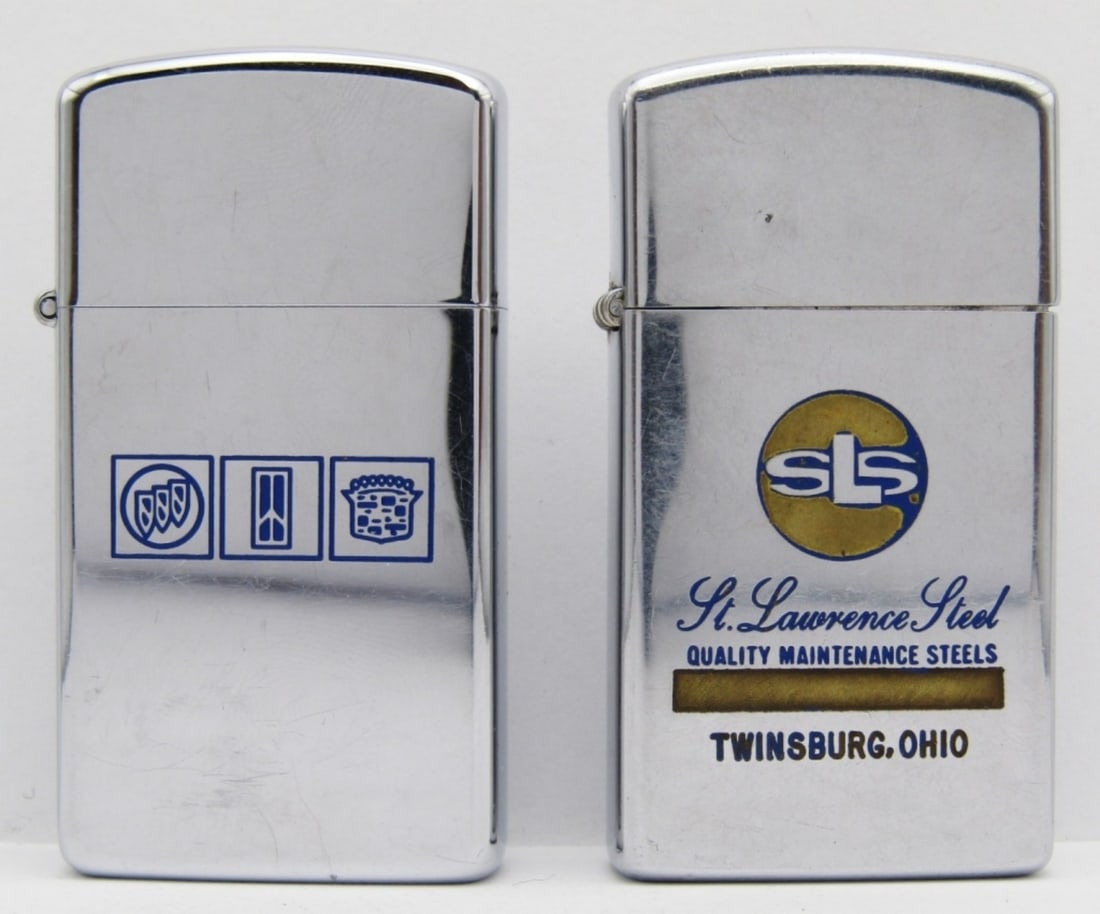 1975 & 1985 Slim Advertising Zippo Lighters: "St. Lawrence Steel Quality Maintenance Steels Twinsburg OH", & "General Motors Buick Oldsmobile Cadillac Team"; 1 Unfired.