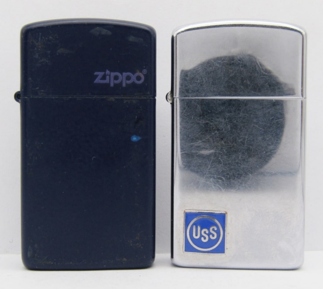1968 & 2006 Slim Zippo Lighters: 1968 USS Emblem; 2006 Matte Navy Blue; Both Used Conditions.