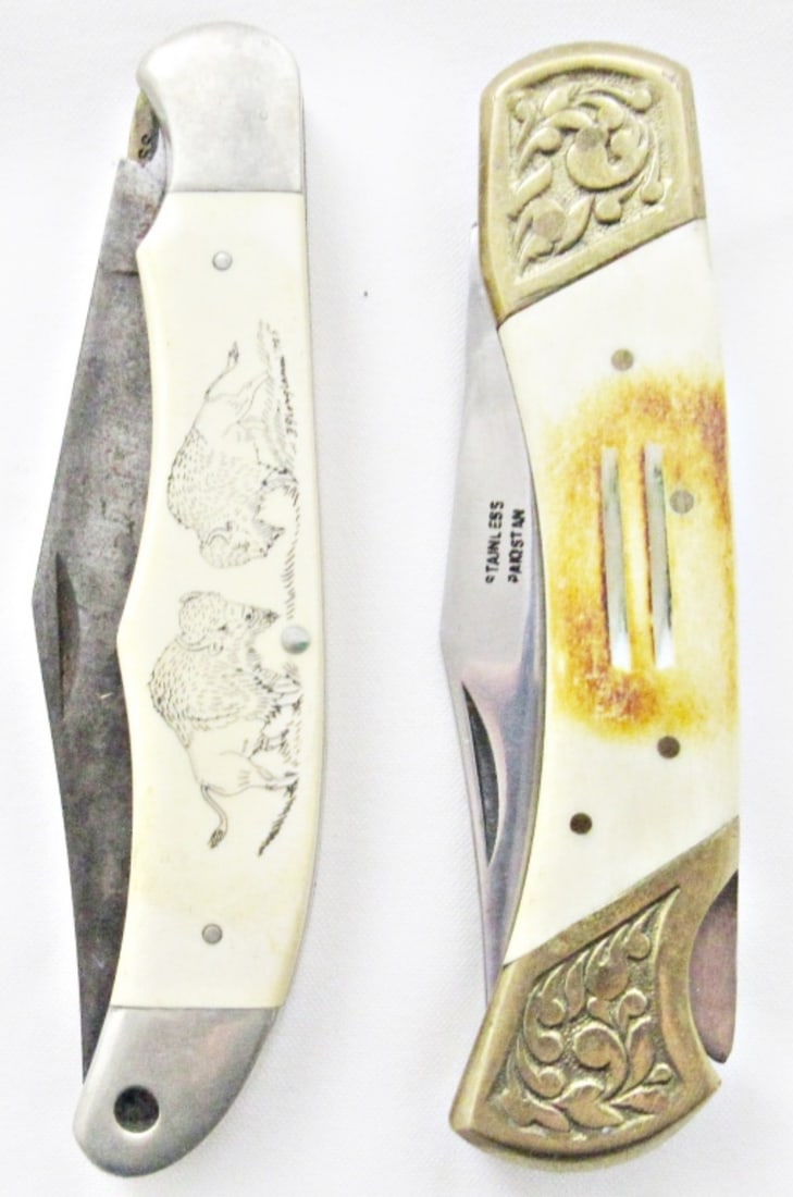 (2) BONE HANDLE LARGE SINGLE BLADE KNIVES: SCHRADE SC500 with BUFFALO SCRIMSHAW & PAKISTAN LOCKBACK