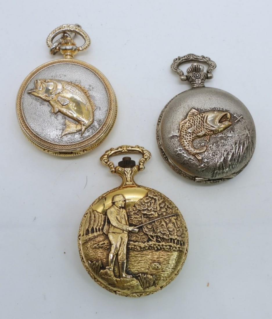(3) FISHING THEME QUARTZ POCKET WATCHES (1 of 3)