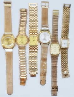 (6) STATEMENT FASHION WATCHES: GOLD TONED - LESEIKORI ELECTRA, LONGUNE ASTROMATIC, DUFONTE, BULOVA, ELGIN & CHINA - UNTESTED LOT