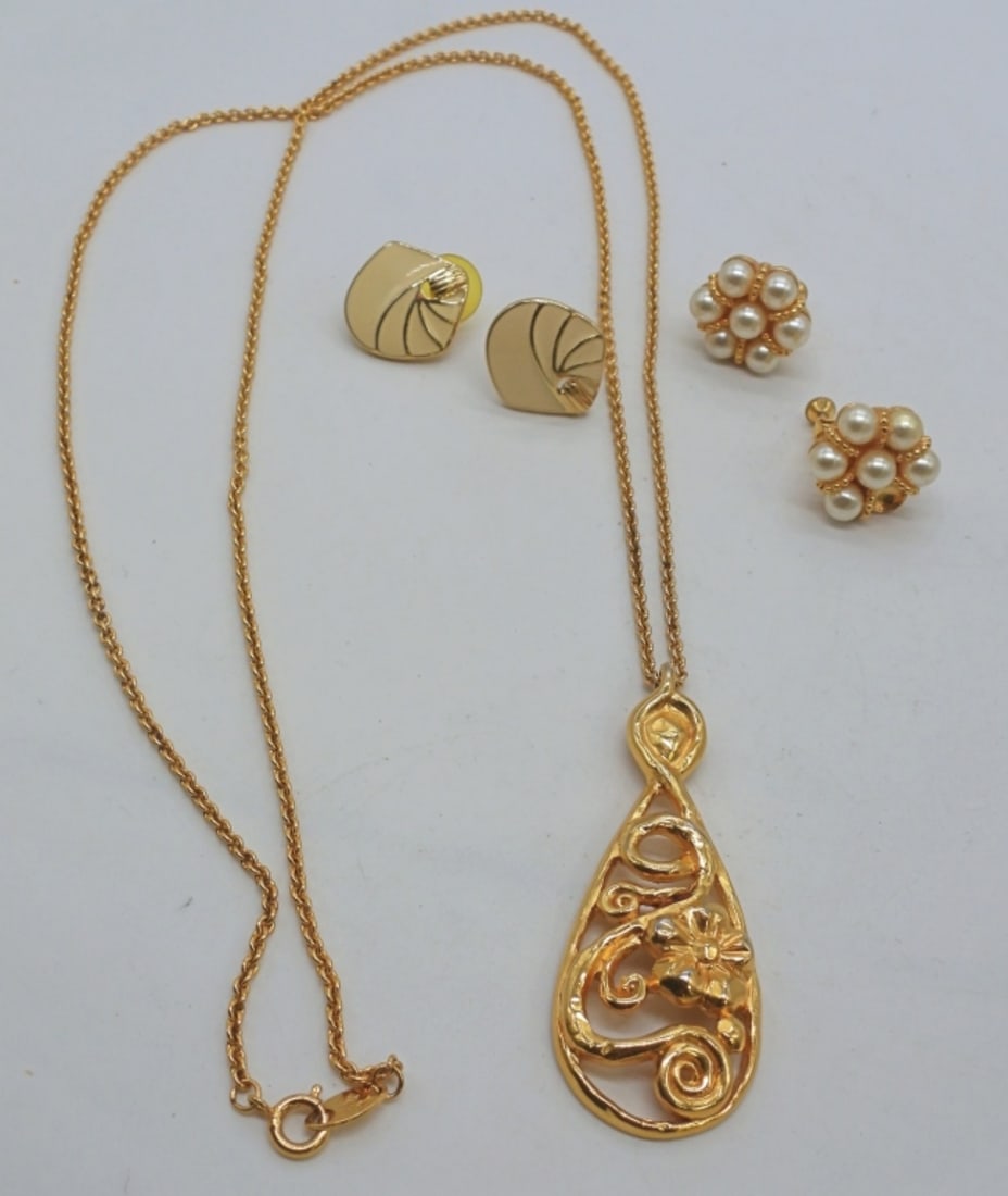 TRIFARI GOLD TONE LOT: GOLD TONE 36IN LONG WITH FLOWER OVAL PENDANT, WITH SCREWBACKS WITH FAUX PEARL (ONE PEARL IS MISSING AND WILL NEED TO BE REPAIRED), 1 PERICED PAIR WITH CREAM INLAY