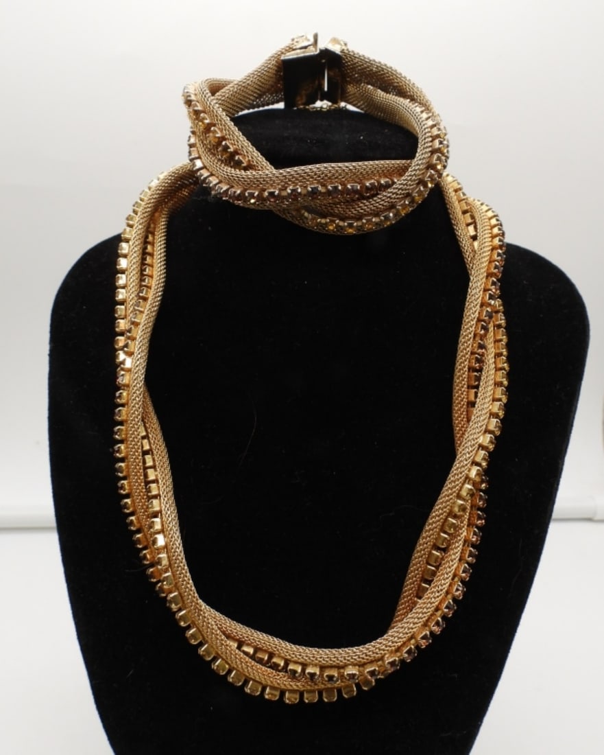 VINTAGE HOBE CHOKER & BRACELET: 17IN LONG CHOKER, 8IN LONG FOR BRACELET GOLD TONE MESH CHAIN W/YELLOW & BROWN CLEAR STONES, BOX CLASP ON BOTH, STOP STAMPED BEHIND CLASP HOBE