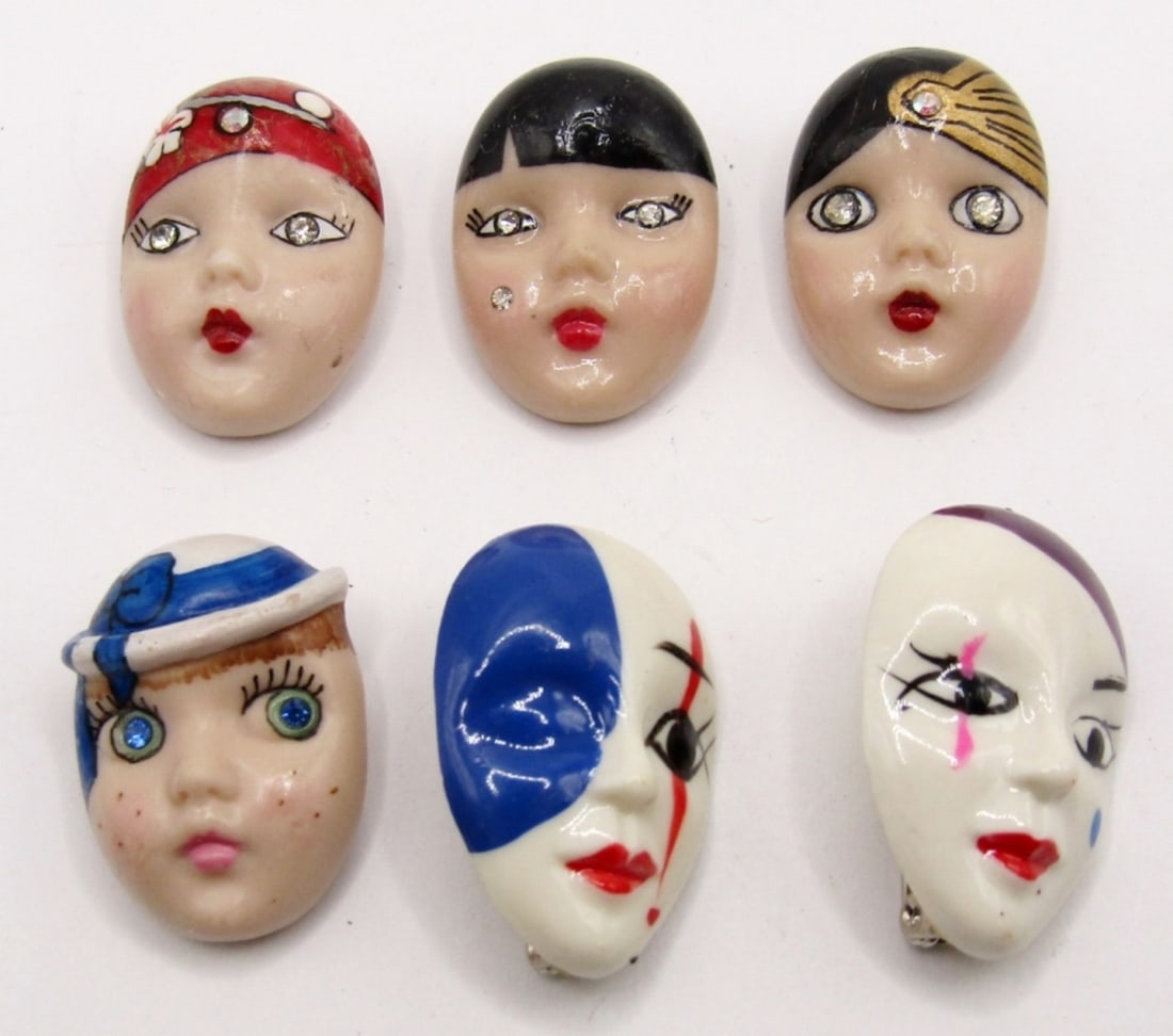 (4) ADAGIO PORCELAIN FACE PINS & (2) TAIWAN PINS: THE 4 SIGNED ADAGIO PINS HAVE JEWELED EYES