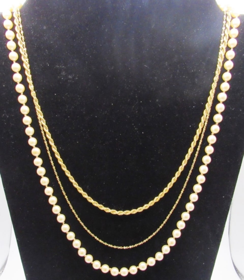 3- MONET NECKLACES- 2 GOLD TONED CHAINS: AND ONE FAUX PEARL NECKLACE