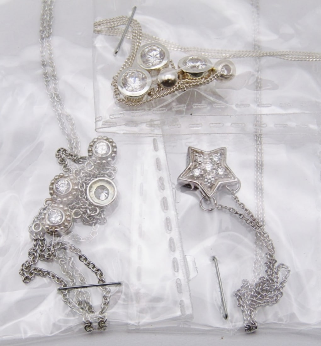 (3) DAINTY STERLING NECKLACES w/CLEAR GEMSTONES: NEW INVENTORY