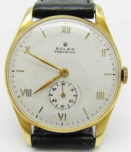 Rolex 18kt Precision Dress: Cream Roman Numeral Refinished Dial. 34mm 18kt Gold Swap Back Case. Reference 3540.18 Jewel Cal. 700 Movement. New Strap.