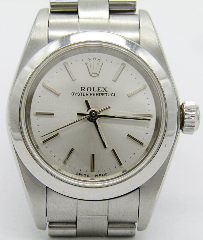 Steel Rolex Ladies Oyster Perpetual: Perfect Original Silver Dial. Oyster Bracelet. Ref 76080. 24mm. Circ 2005.