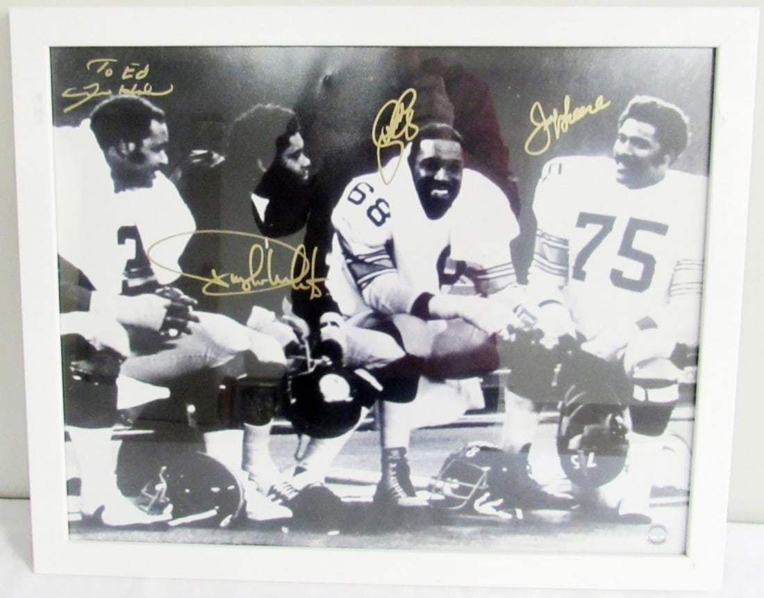 STEEL CURTAIN AUTO FOOTBALL PHOTO: DWIGHT WHITE, ERNIE HOLMES, JOE GREENE & L.C. GREENWOOD - 22 x 18 FRAME - HOLOGRAM STICKER on PHOTO AUTHENTIC