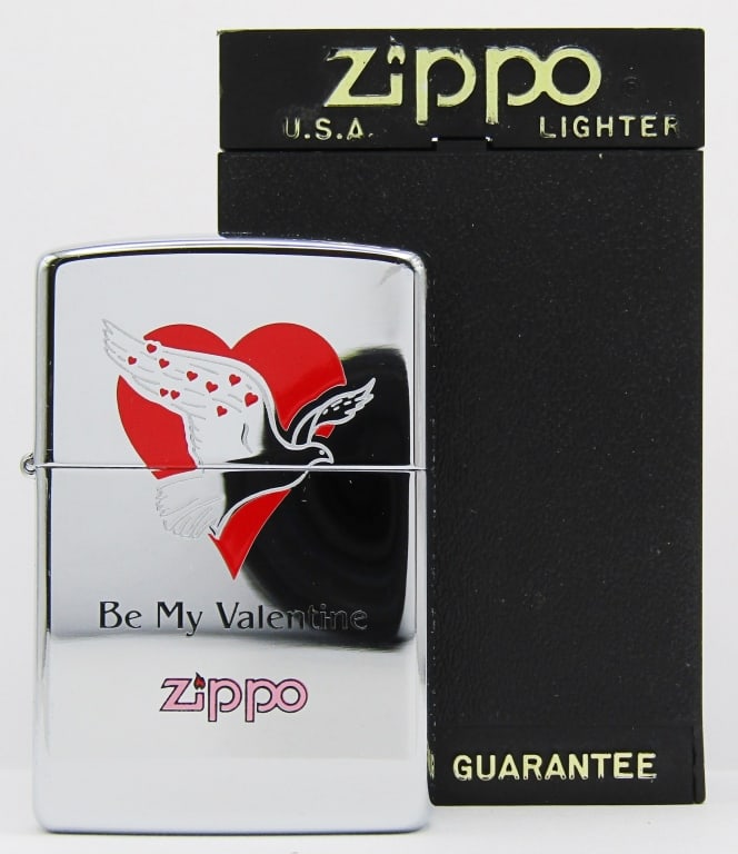1994 Unfired "Be My Valentine" Dove/Heart Zippo: Unfired Valentine's Zippo Lighter, In Case.