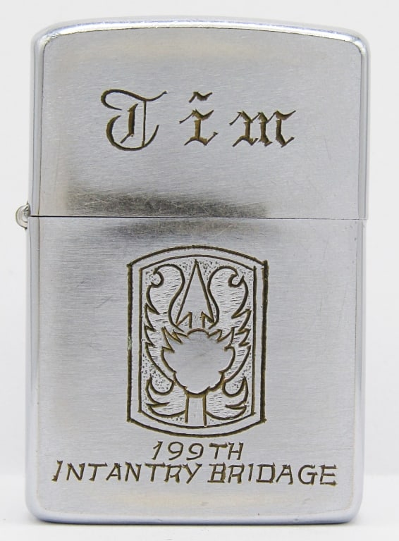 1967 Zippo Lighter "199th Infantry Bridage": Inscribed "Jim" on Lid; On Back "Viet Nam 1966-'67" With Map. Used Condition.