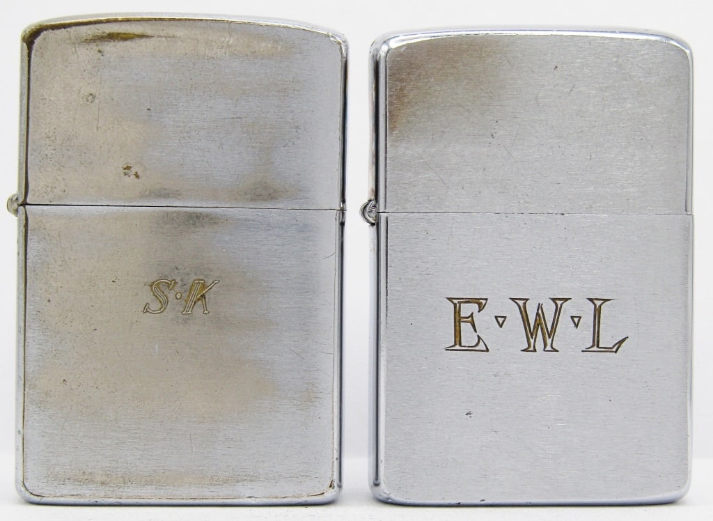 1960 & 1961 Chrome Zippo Lighters: "E.W.L" & "S.A" Inscriptions. Both Used Conditions.