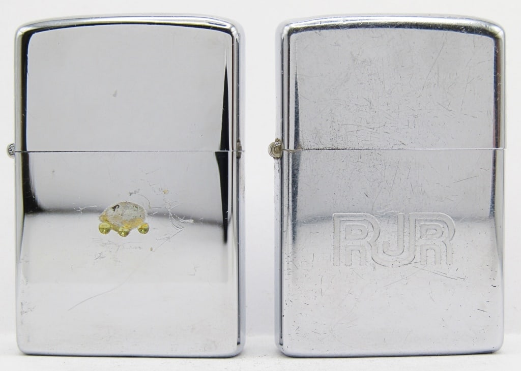 1974 & 1975 Polished Chrome Zippo Lighters: 1974 "RJR" Advertisement; 1975 Unknown Emblem Piece (Unfired);