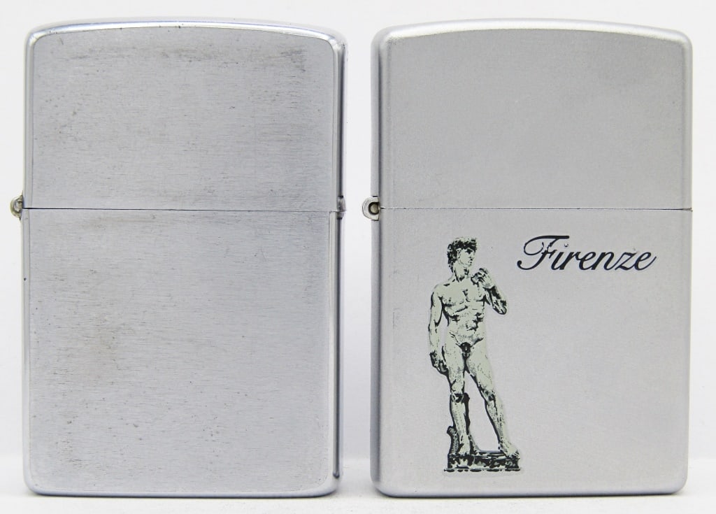 1980 & 2001 Zippo Lighters: 2001 Firenze With Statue (Lightly Fired); 1980 Brushed Chrome (Used Condition).