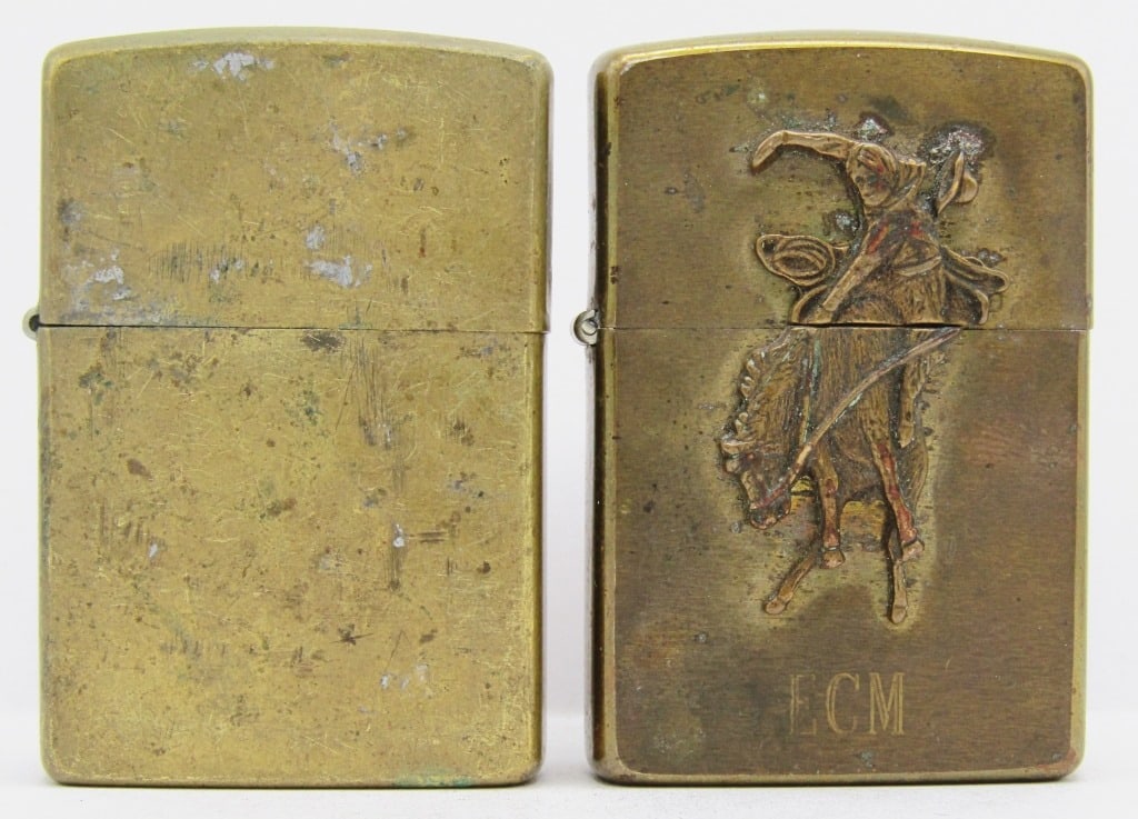 1992 & 1994 Marlboro Zippo Lighters: 1992 Marlboro Man Bucking Bronco Cowboy (Lightly Fired); 1994 Bronze Marlboro Country Store Stamp on Back, Used Condition.