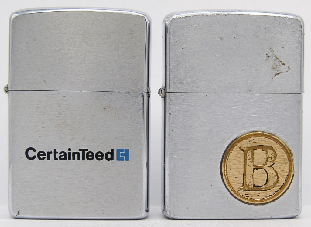 1976 & 1981 Advertising Zippo Lighters: 1976 Gold Tone "B" on Front; 1981 "CertainTeed" on Front; Both Used Conditions.