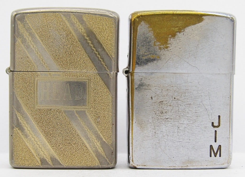 1969 & 1976 Inscribed Zippo Lighters: 1969 "JIM" on Front; 1976 Golden Elegance with "HEAD" on Front; Both Used Conditions.