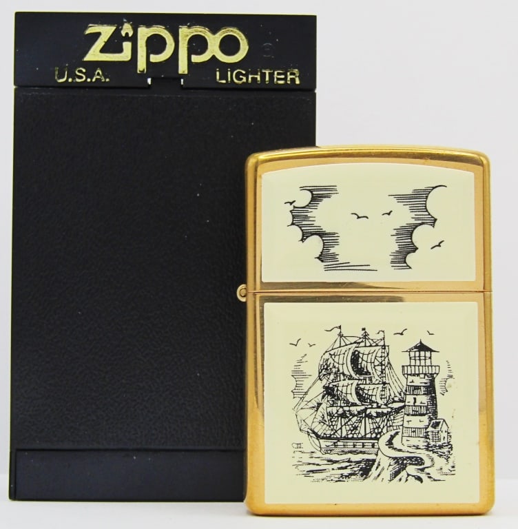 2000 Unfired Brass Scrimshaw Ship Zippo: Unfired Zippo Brass Lighter.