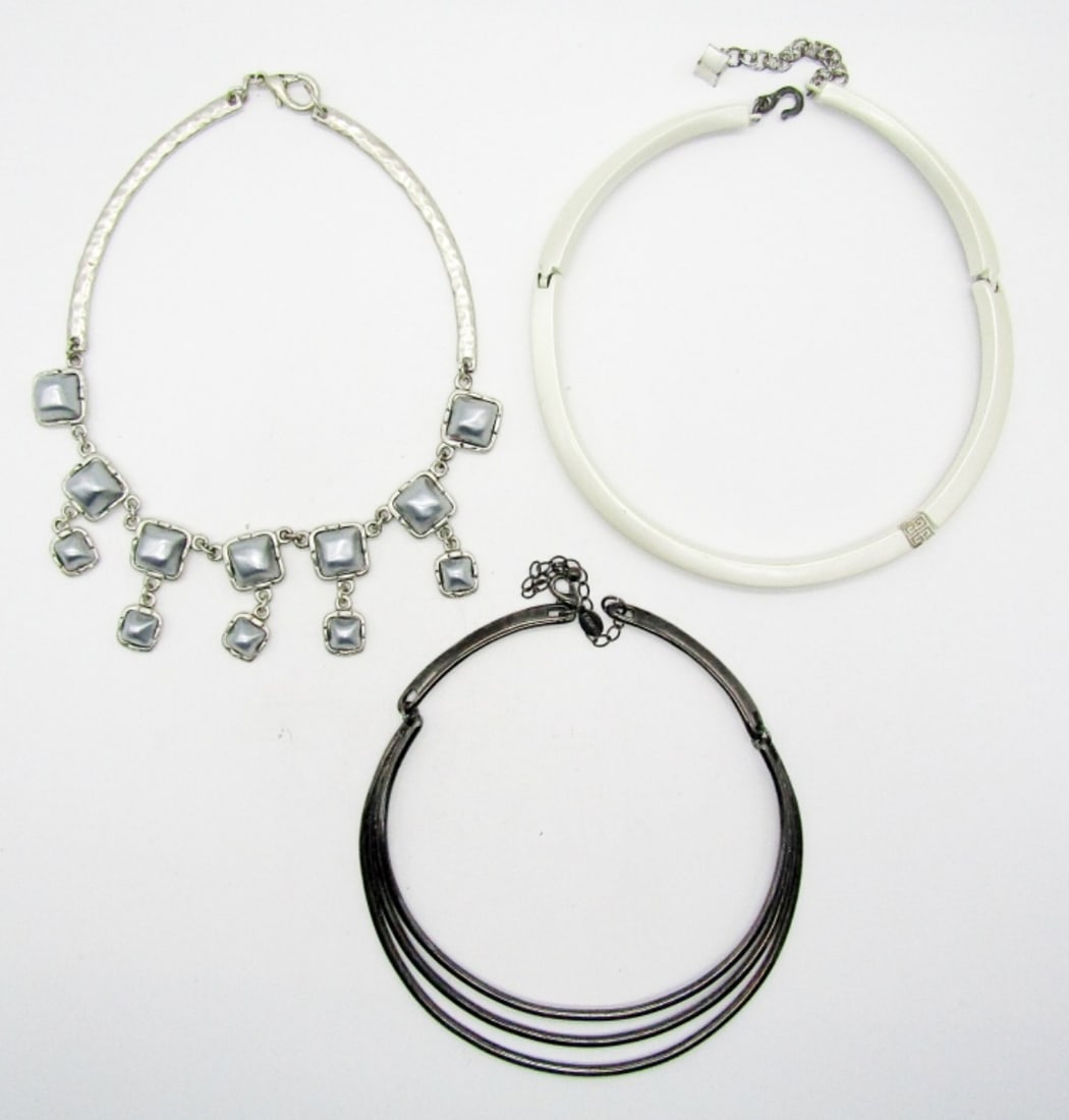 (3) METAL CHOKERS: 1-SILVER AND GREY BEADED FESTOON STYLE, 15IN LENGTH, 1- EXPRESS BRAND BLACK CHOKER 12IN LONG, ADJUSTABLE, 1- GIVENCHY WHITE CHOKER ADJUSTABLE,
