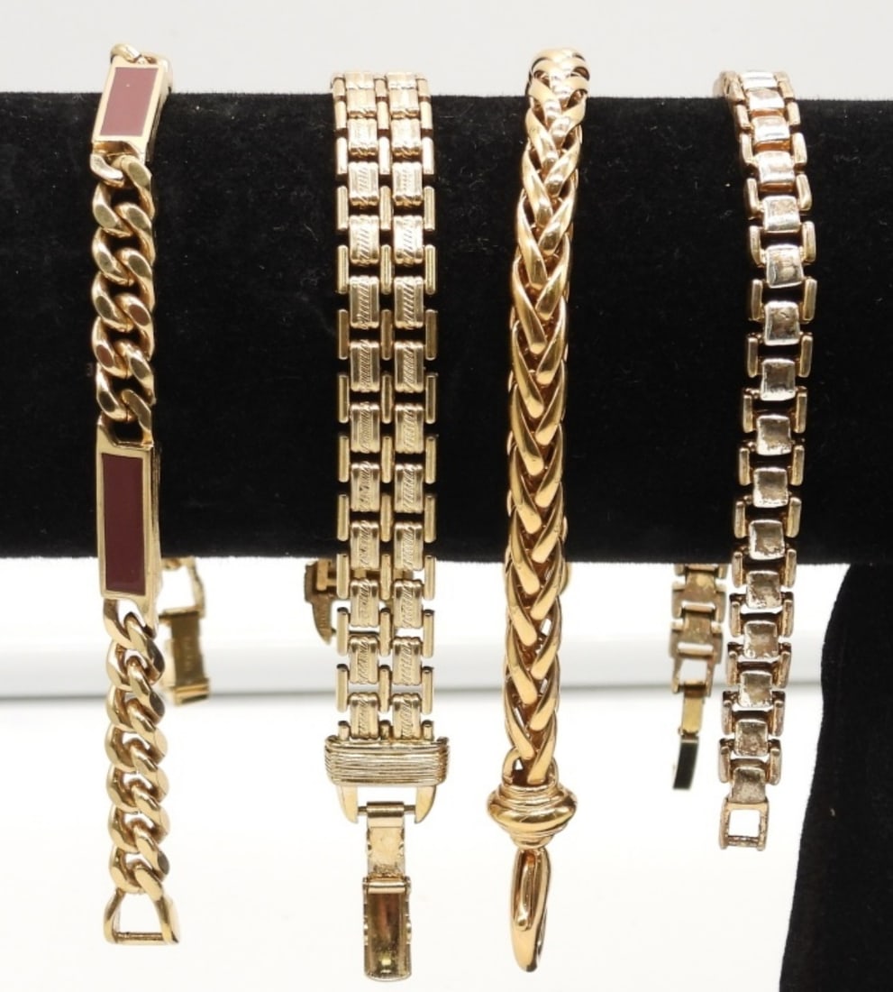 (4) MENS GOLD TONE BRACELETS: 2- 8IN LONG 2- 7 1/2IN LONG, OPEN BOX AND LOBSTER CLASP