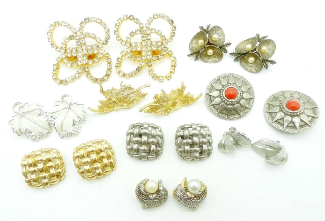 (9) VINTAGE CLIP-ON EARRINGS: ALL UNIQUE, SOME BRADS IN THE LOT ARE BELLINI, GIVENCHY