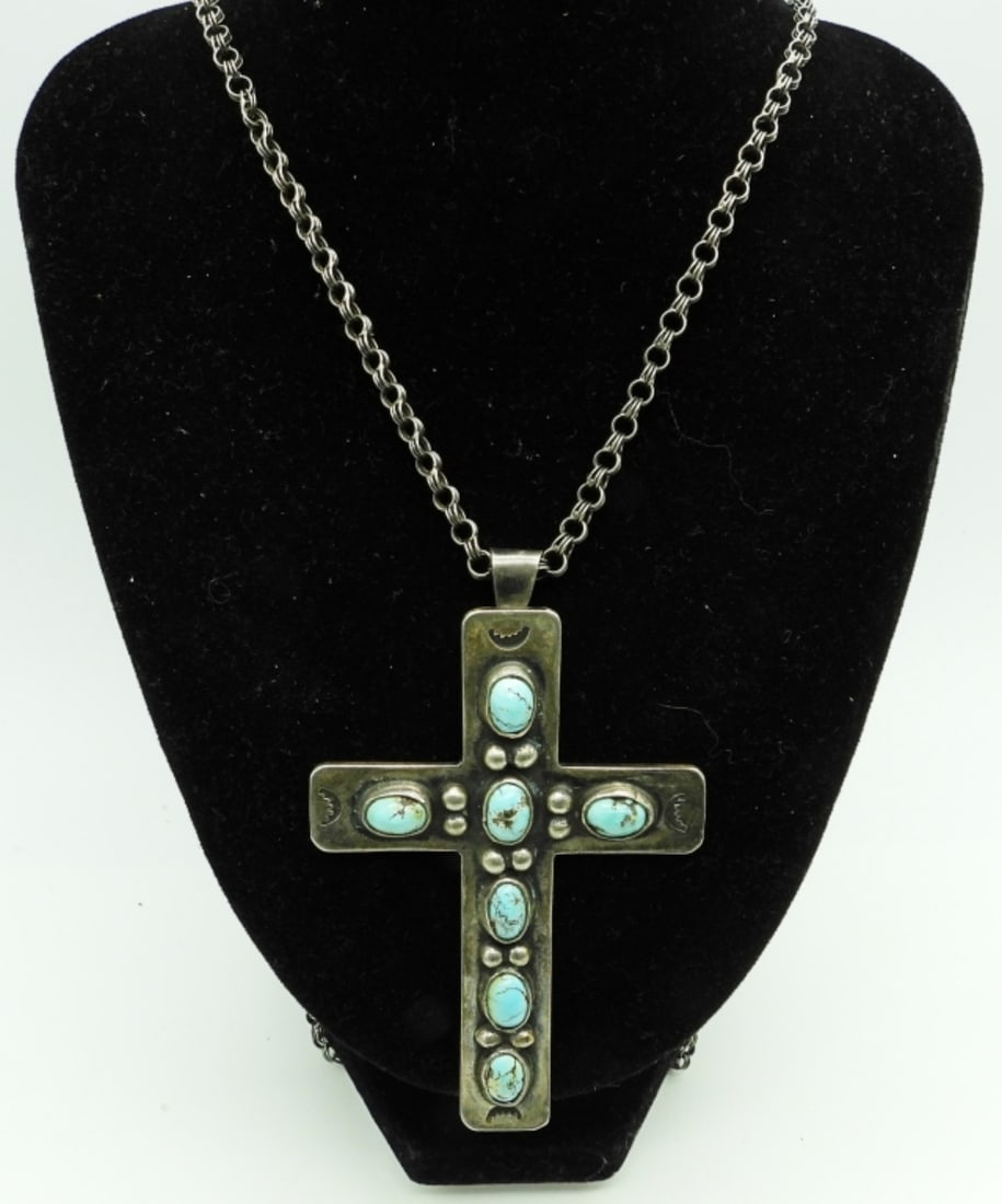 STERLING CROSS WITH TURQUOISE: 38DWT,28 IN LONG CHAIN WITH HOOK CLASP, STAMPED STERLING ON BACK ON CROSS