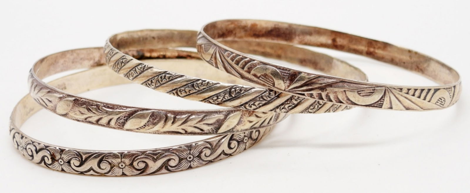 (4) ETCHED DANECRAFT STERLING BANGLES: 33.3DWT, 2 1/IN WIDE FOR EACH BANGLE, ALL STAMPED DANECRAFT STERLING ON THE INSIDE