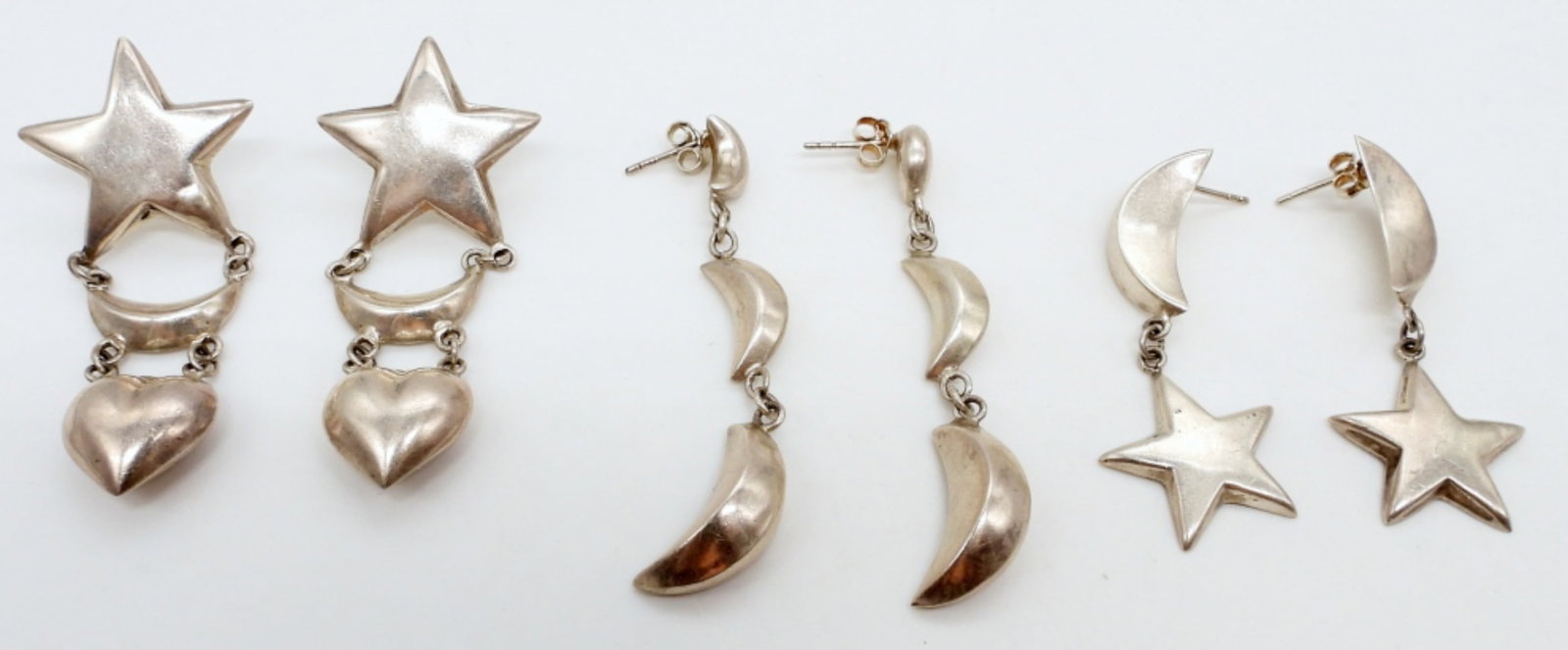 (3) 925 MOON AND STAR DANGLED EARRINGS: 12.6DWT, PIERCED DANGELD EARRINGS, 1- ALL MOONS, 1- MOON AND STAR, 1 STAR, MOON, HEART SET