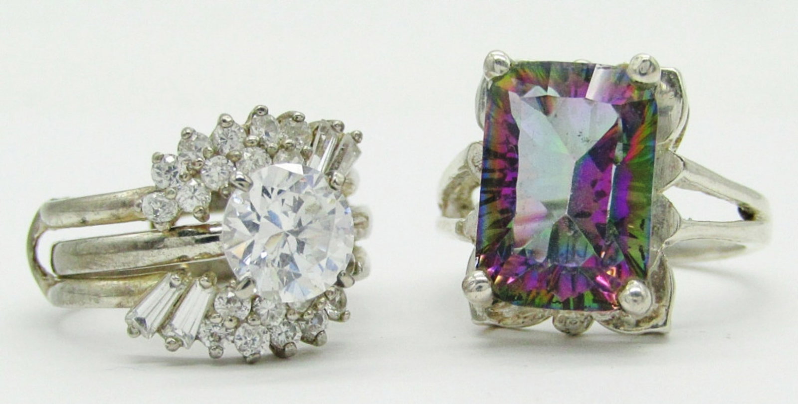 Sterling Silver Mystic Topaz & Stacked CZ Rings: Size 6.5 & 7; 6 dwt. Both Marked 925.