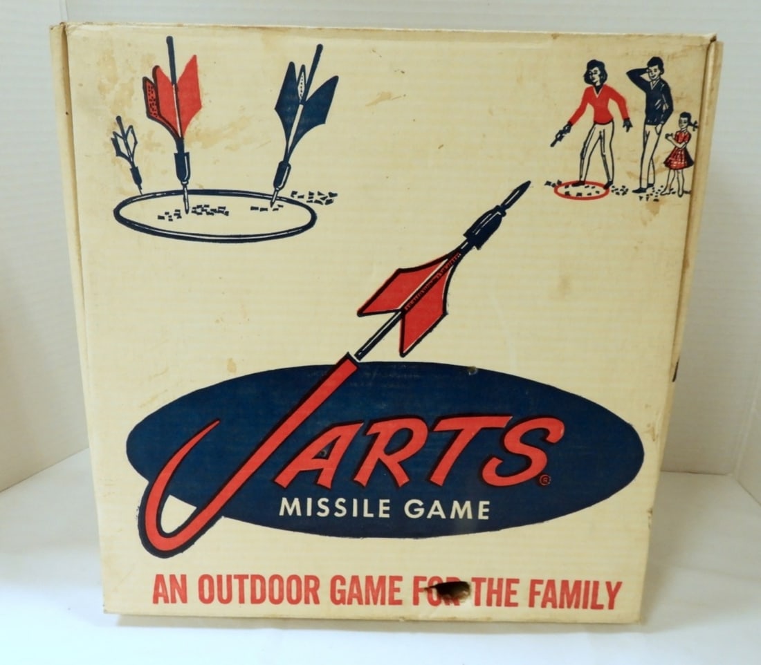 ORIGINAL JARTS OUTDOOR GAME in BOX: (4) DARTS (2) RINGS - PLASTIC on (3) DARTS need REPAIR - HARD TO FIND VINTAGE GAME NO LONGER SOLD