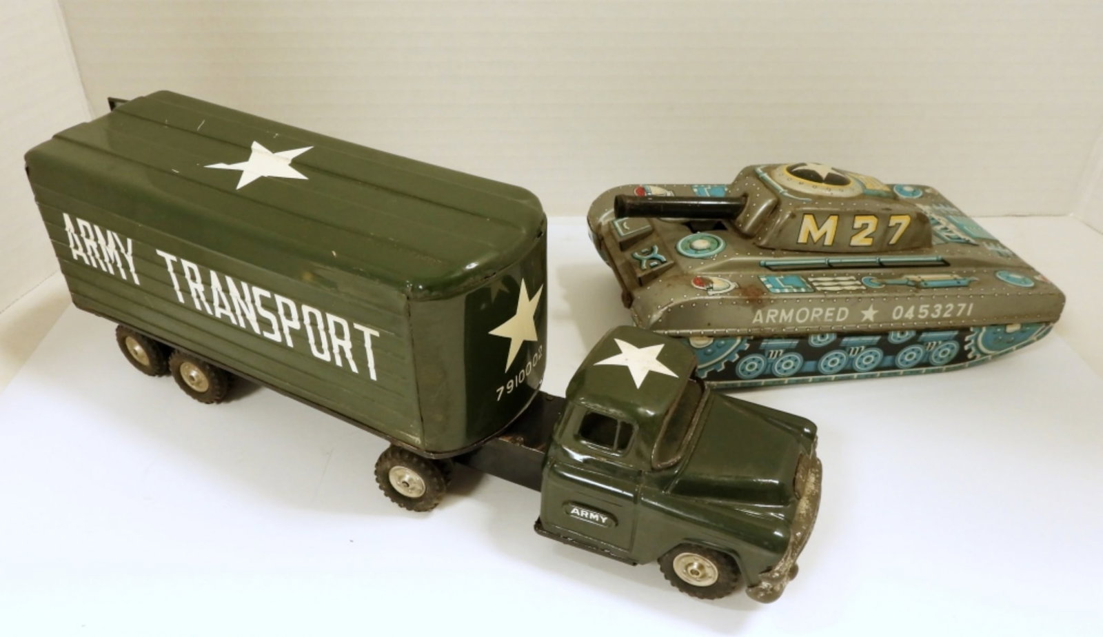 MAR LINE TIN ARMY TRANSPORT TRUCK &: TIN TANK by UTAKA TOYS FRICTION TANK (not fully working)