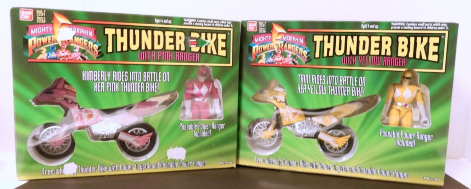 (2) MIGHTY MORPHIN POWER RANGER THUNDER: BIKES - PINK RANGER & YELLOW RANGER 1994 BANDAI - ORIGINAL PACKAGES