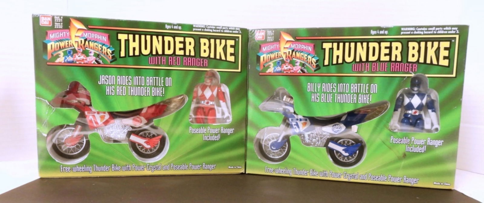(2) MIGHTY MORPHIN POWER RANGER THUNDER: BIKES - RED RANGER & BLUE RANGER 1994 BANDAI - ORIGINAL PACKAGES