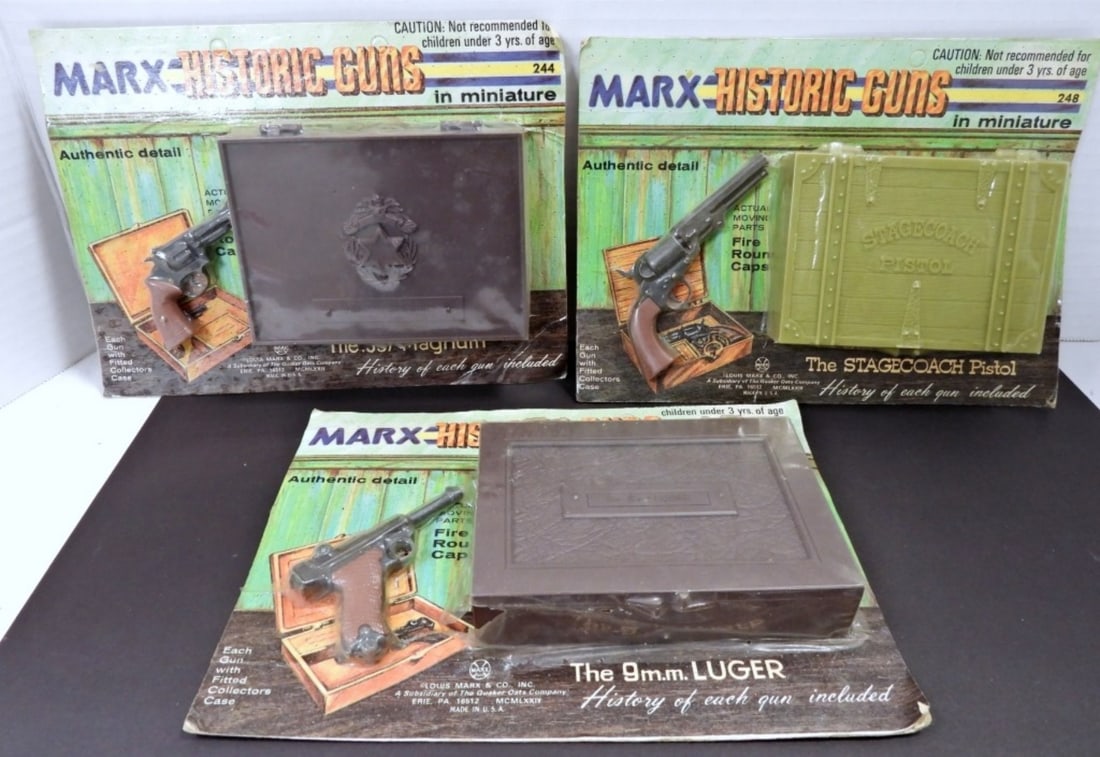 (3) MARX HISTORICAL MINIATURE GUN LOT: ALL DIFFERENT -.357 MAGNUM, 9mm LUGAR, STAGECOACH PISTOL - ORIGINAL STORE PACKAGE