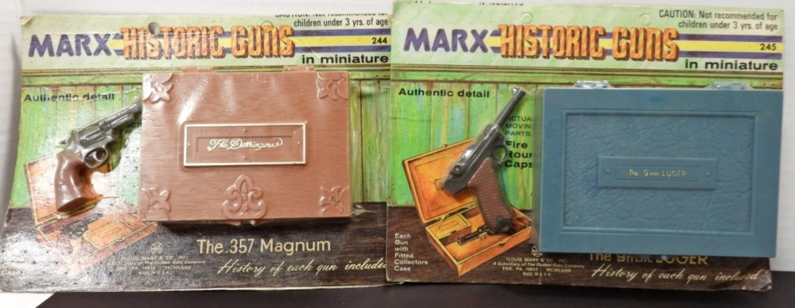 (2) MARX HISTORICAL MINIATURE GUN LOT: ALL DIFFERENT -.357 MAGNUM, 9mm LUGAR - ORIGINAL STORE PACKAGE