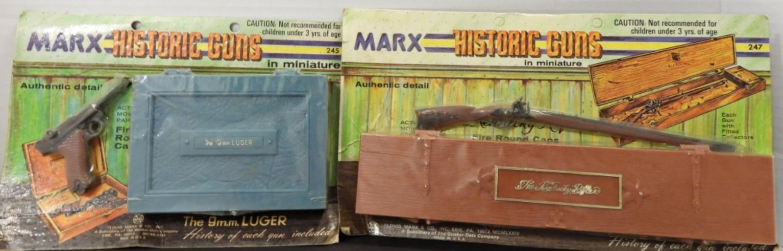 (2) MARX HISTORICAL MINIATURE GUN LOT: ALL DIFFERENT -9mm LUGAR, THE KENTUCKY RIFLE - ORIGINAL STORE PACKAGE