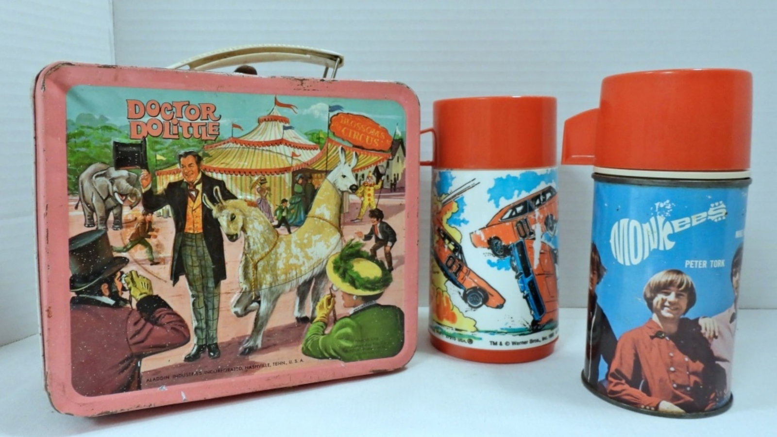 MONKEES & DUKES of HAZZARD THERMOS plus: DOCTOR DOLITTLE LUNCH BOX lesser condition, MONKEES NICE AVG CONDITION, DUKES of HAZZARD 1980 show wear